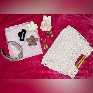 Womens beige handbag with accessories